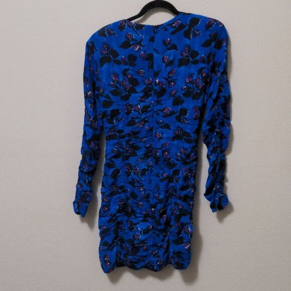 Zara Drapped Blue Floral Ruched Long Sleeve Dress - Picture 6 of 6